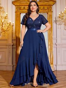 Plus Deep V-Neck Sequin Lace Contrast Chiffon Double Layer Ruffle Hem Evening Party Dress, Elegant Prom Formal Wedding Guest Dress, For Birthday, Graduation, Homecoming, Formal Dress,Gown - Navy Blue - View 6