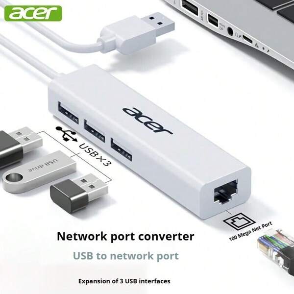 Acer Adaptador de red USB a Ethernet | Concentrador con 1 puerto RJ45 LAN Dongle Convertidor para portátiles, ordenadores de escritorio, compatible con Windows 10/8/7