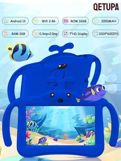 Qetupa แท็บเล็ตสำหรับเด็ก Android 13 ขนาด 7 นิ้ว, โปรเซสเซอร์ A133 Quad-Core 1.6GHz, RAM 2GB + ROM 32GB, หน้าจอสัมผัส IPS 1024*600, แบตเตอรี่ 3000mAh, กล้องคู่ 0.3MP + 2.0MP, Wi-Fi 2.4G, มาพร้อมเคสป้องกันการกระแทก, เหมาะสำหรับอ่านหนังสือและเล่นเกม การออกแบบน้ำหนักเบาพร้อมกระจกนิรภัย ช่วยให้คุณเพลิดเพลินกับความบันเทิงได้ทุกที่ทุกเวลา สามารถใช้สำหรับการเขียนและวาดภาพในแอปต่างๆ เช่น OneNote (ไม่รวมอะแดปเตอร์)
