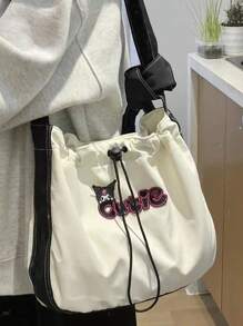 1PC Sanrio Kulomi Casual Canvas Tote Bag With Drawstring Tightening Design For Shoulder Crossbody Bag, Suitable For Daily Commuting Storage Use