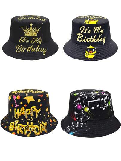 Stylish "It's My Birthday" Crown Design Bucket Hat - Lightweight, Black With Golden Lettering, 1pc Polyester Bucket Hat For Birthday Parties