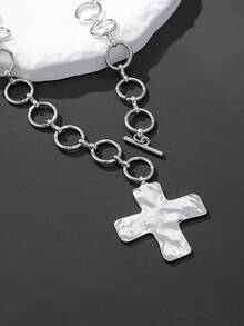 1pc Fashionable Simple Hammer Texture Cross Pendant Handmade Round Chain Necklace - Gold - View 10