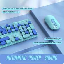 Wireless Keyboard And Mouse, Silent Keyboard Mouse Combo, Full-Sized Colorful Typewriter Keyboard With Round Keycaps, 2.4G Cute Mouse Compatible With PC/ Laptop/ Computer - 藍色 - 查看 8