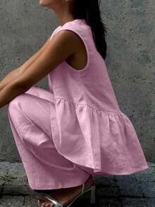 2pcs Women Casual Elegant Vacation Date Linen Top And Pants Set, Spring/Summer - Baby Pink - View 4