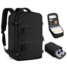 男女通用大号旅行背包，商务笔记本电脑背包，登机箱尺寸42x20x32，符合航空公司登机标准，防水，多功能独立鞋仓，干湿分离层，适合中学生旅行、上学、通勤和使用电脑。 - 黑色 - 查看 12