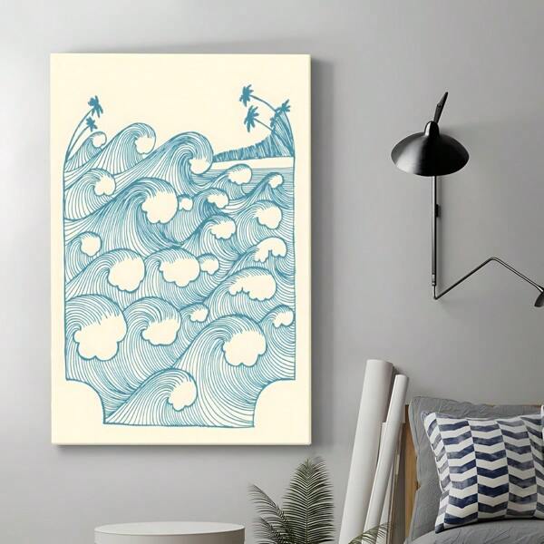 1 PAC Wall Arts ,Posters ,Coastal Decor ,Summer ,Canvas Wall Art - Retro Surfing Poster With Waves And Palm Trees, Modern Beach Theme Decoration, Suitable For Living Room, Bedroom Or Office, Indoor Use, Beach Theme Decoration