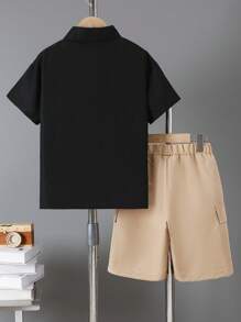 2pcs Set Boys' School College Style Turndown Collar Button-Up Short Sleeve Shirt And Drawstring Casual Shorts, Spring/Summer