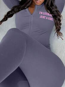 LovelyWholesale Women'S Sports Hooded Long Sleeved Letter Printed Zipper Jacket And Tight Pants Set For Spring And Autumn