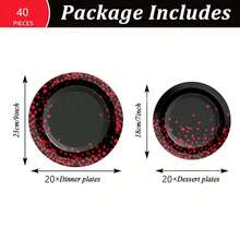 10/20/40pcs,Black Base Red Dot Disposable 7inch & 9inch Paper Plates,Red Confetti Rim Round Plates, Gradient Red Sparkle Dot Border Plate For Birthday Anniversary New Year Casino Night Club Graduation Theme Party Table Supplies - Multicolor - View 3