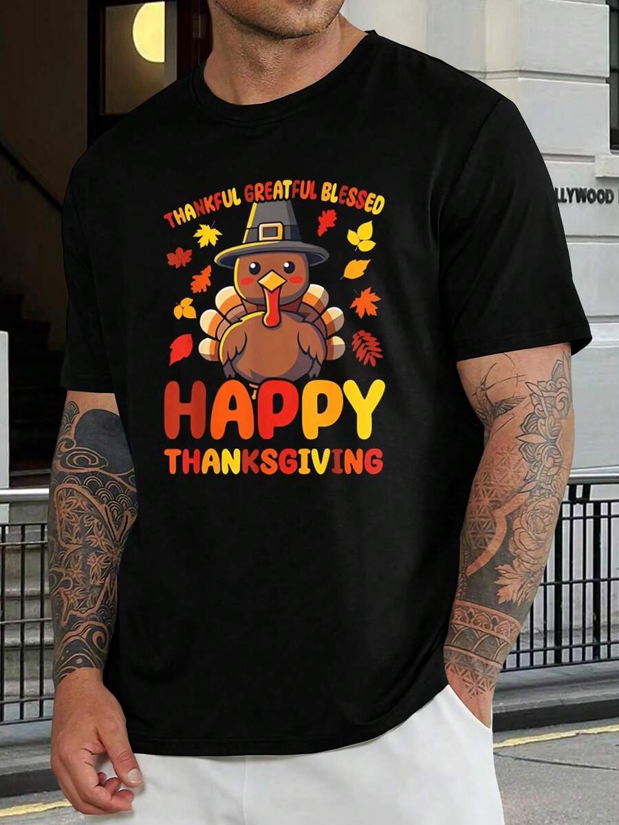 Camiseta de Acción de Gracias para Hombre - Divertido diseño de pavo de dibujos animados - Camiseta de otoño agradecida y bendecida - Perfecta para reuniones familiares y regalos festivos - Negro - Ver 1