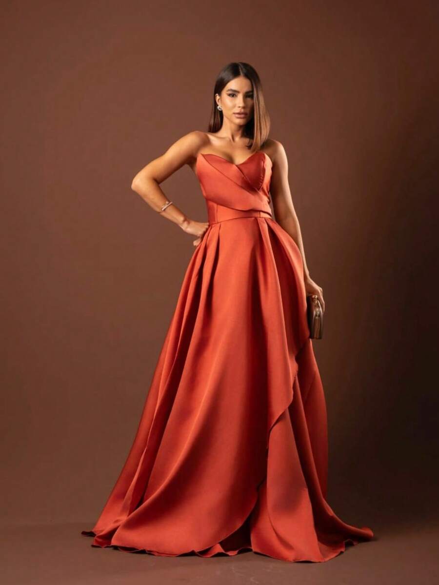 PRINCESS STRAP-OFF PARTY DRESS. Elegant Conservative / Modest PET Appliques - Burnt Orange - View 1