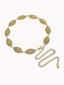 1件加大码/超大码女士复古花卉雕刻纹理金属腰链腰带，适合西式、圣诞节、新年等场合 - 金色 - 查看 3