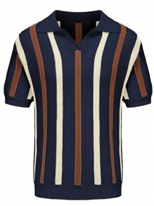 Maglia a pullover in maglia, polo a maglia casual con colori a contrasto a righe, polo a maniche corte in maglia a righe da uomo, casual, comoda, in tessuto morbido, colletto classico, abbigliamento da uomo, per uso quotidiano e all'aperto, stile versatile e alla moda