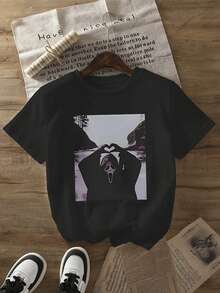 Plus Size Solid Color Round Neck Short Sleeve Simple T-Shirt, Casual Daily Wear - Black - View 2