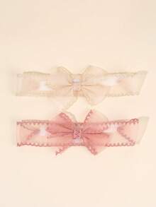 2Pcs Lace Baby Headband For Baby Girl, Clear Mesh Baby Bows Hairband, Stretchy Lace Head Band For Newborn Baby Girl, Baby Accessories. - Pink + Beige - View 5