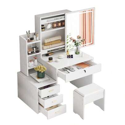 Multifuncional Tocador Vanity Con Espejo Y Cajón, Incluye el Banco/Taburete, Make Up Desk
