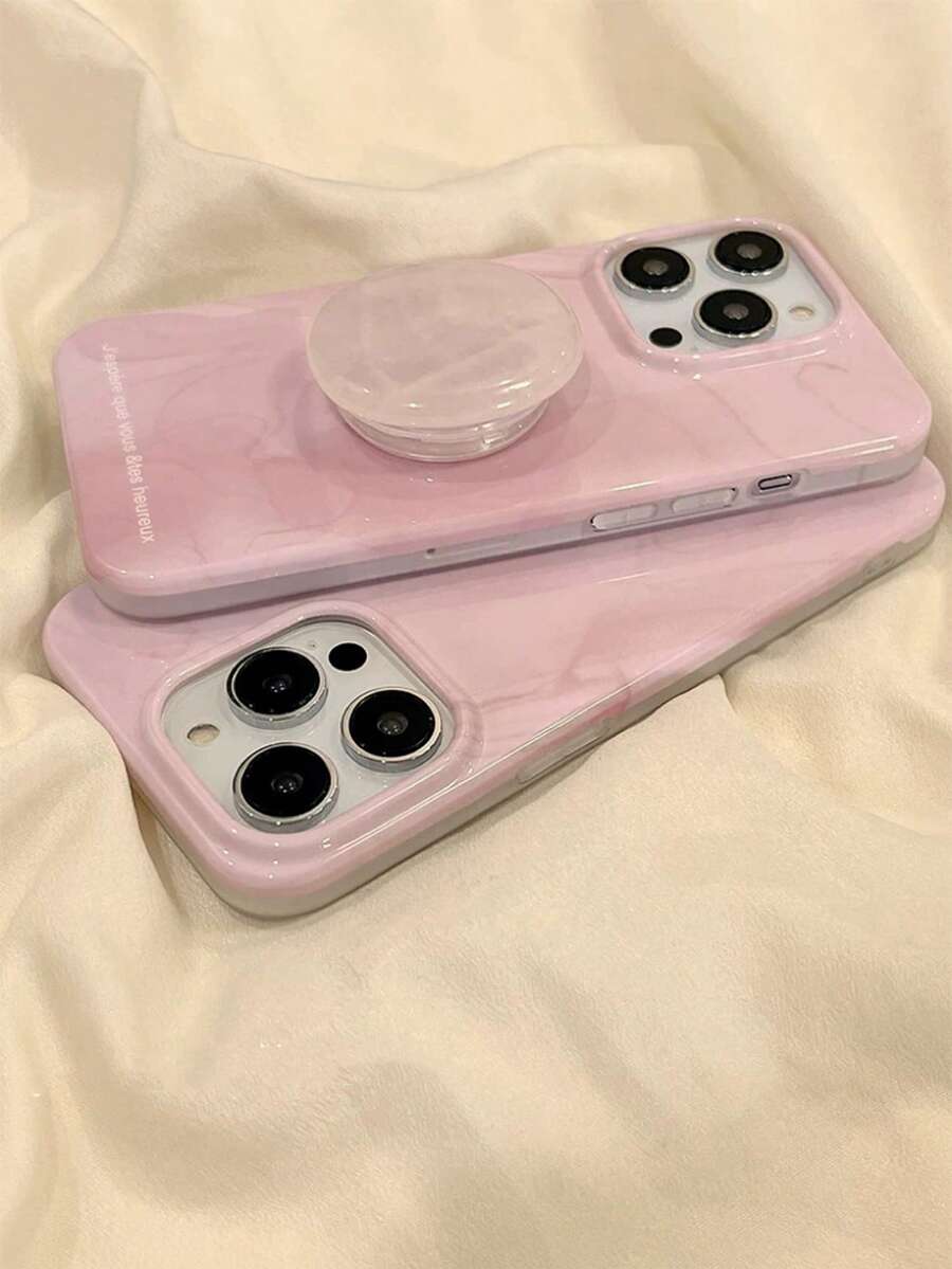 Minimalist Pink Marble Pattern Phone Case With Holder, Compatible With IPhone 14 Pro Max, IPhone 13, IPhone 14 Pro, Luxury, Shock-Proof, Silicone Full Coverage Waterproof Anti-Fall Scratch Resistant - Pink - View 1