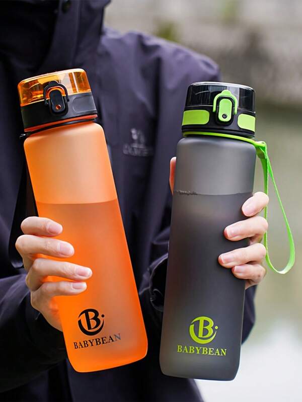 1pc 1000ml/750ml Outdoor Large Capacity Sports Water Bottle, 32oz/26oz, Direct Drinking Mouth Design, Handle Strap, Printed Logo, Plastic Portable Leak-Proof Screw Cap, Suitable For Hiking, Running, Cycling