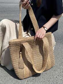 Large Capacity Tote Bag Hand-Held Straw Bag Shoulder Bag Seaside Vacation - Khaki - View 4