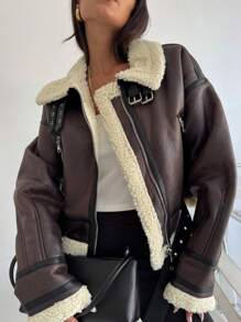 HH Mode eleganter Damen Dicker Warmer Reißverschluss Mantel Weiblich Kunstleder Lammwolle Patchwork Lässig Jacke