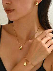 4pcs/Set Women's Minimalist Metal Teardrop Necklace, Earrings, Bracelet Set, Versatile For Everyday/Work Wear