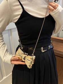 蝴蝶结形迷你晚宴包，女士个性时尚链条斜挎包，适合派对和约会，金色耳机袋，女士装饰配饰包 - 金色 - 查看 6