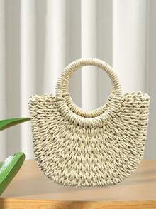 1个草编包，带人造花装饰，半月形女童手提包，编织斜挎小包，沙滩包 - 彩色 - 查看 10