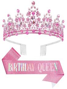 2pcs/Set Baroque Style Rhinestone Zinc Alloy Birthday Crown + Sash Suit, Suitable For Birthday Party, Birthday Queen Tiara Headpiece + Shoulder Strap Accessory