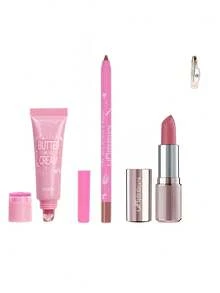 Set de belleza para labios MISSLYN de 4 piezas, que incluye: Bálsamo labial de crema mantecosa, Barra de labios cremosa, Perfilador de labios mate y duradero, Perfilador de labios mate y duradero, Aceite labial en brillo labial, Aceite labial en cuidado labial