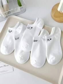 5 Pairs Women's Lightweight Cute Cartoon Pattern Breathable Invisible Ankle Socks, Summer - White - View 8