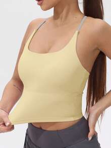 Women Patchwork Sports Bra Camisole, Elastic Yoga Camisole With Built-In Padded - Butter Yellow - View 5