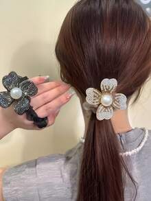 2pcs Faux Pearl & Rhinestone Decorated Hair Scrunchies, New Mesh Four-Leaf Flower Petal Hair Ties, French Elegant Ponytail Holders, Shiny Polyester Hair Accessories ,Head Piece Hair Ties Head Accessories Elastic Band Hair Rubber Bands - As Shown - View 2