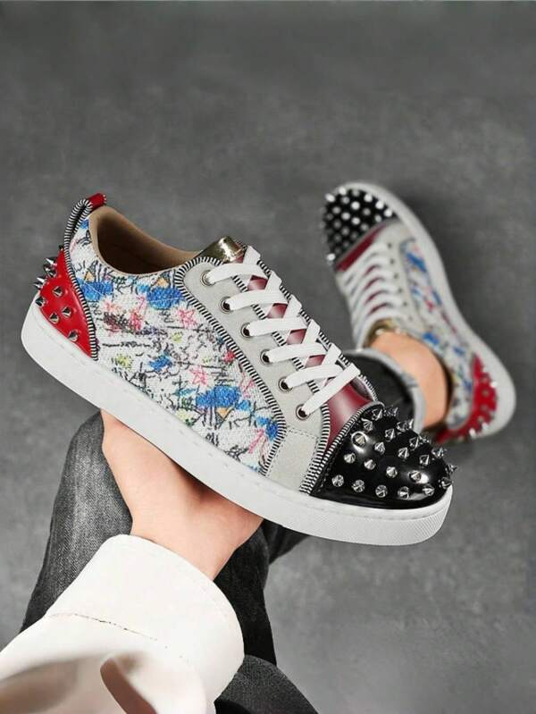 Men's Rivets Decor Sneakers With Metal Accents On Front & Heel, Unique Classic Colors, Metal Toe Ring, Comfortable & Fashionable, Suitable For Nightclub, Stage, All Seasons