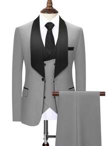Furuyal Men's Suits Gentleman Solid Slim Fit Business 3 PiecesSuit For Men Blazer Double Breasted Vest Pants Set Party Wedding Prom Light Gray Size XS-3XL