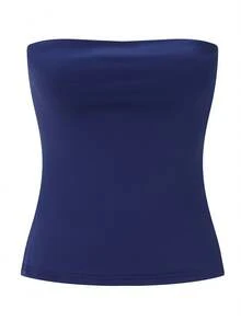 Women Tube Tops Solid Color Slit Strapless Tank Tops Summer Backless Bandeau Shirts Streetwear - 藏蓝色 - 查看 4