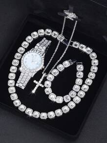 CVNANA 4pcs/Set Men's Watch And Hip Hop Cuban Chain Necklace Bracelet Set (Without Gift Box)