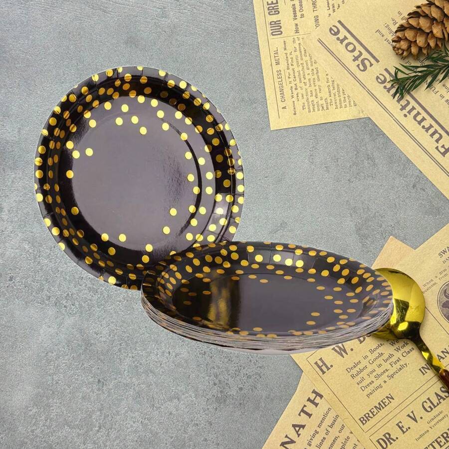 10/20/40pcs Count White And Gold Paper Plates, 7 Inch Metallic Foil Polka Dots Disposable Dessert Party Plates Cocktail Party Supplies Plates For Birthday, Bridal Shower, Easter, Graduation Party