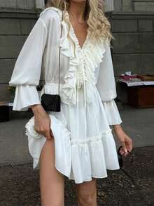 优雅女士 V 领长袖高腰系腰连衣裙，纯色梭织面料，系带细节 - 白色 - 查看 2