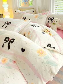 1 套黑色花卉蝴蝶结床上用品，3 件套（1 个羽绒被套 + 2 个枕套），柔软棉质，清新柔美风格，适合女孩卧室/宿舍，四季皆宜 - 粉紅白黑 - 查看 5