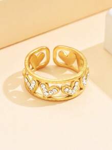 1 pieza Anillo abierto ajustable con hermosas piedras de diamante, anillo de acero inoxidable con forma de corazón, chapado en oro de 18K, joyería multiusos para mujer, para uso diario