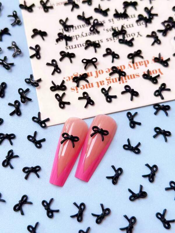 50PCS Mini Cute Bow Nail Accessories 3D Resin Small Black Ribbon Bow Nail Accessories, Women/Girls Long/Short Fake Nail Art Decoration DIY Handmade Nail Accessories, Nail Patches, Nail Tools
