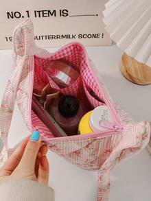 1 件粉色花卉和条纹图案时尚女孩手提包，肩带可调节，流浪包，斜挎包时尚简约单肩托特包手提包，复古腋下包，高端轻便拉链手提法棍包，多功能大容量小钱包，别致的欧美街头风格，适合派对、上班通勤、化妆品收纳