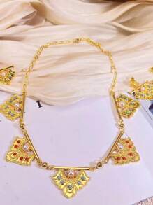 Conjunto de 4 peças vintage de colar, brincos e anéis de pérolas geométricas douradas para mulheres, presente de Natal, joias para casamento/festa