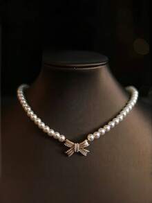 3 件套精美仿珍珠蝴蝶结项链和耳环，专为女性设计，是送给女朋友、情人节、妈妈、母亲、母亲节、礼物的理想礼物 - 米色 - 查看 6