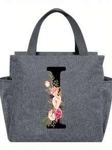 1pc Elegant Floral & Letter Tote Bag - Insulated Lunch Bag, Made Of Durable Polyester, Grey With Pink Flowers & Green Leaves, Suitable For Office, School And Outdoor Picnic