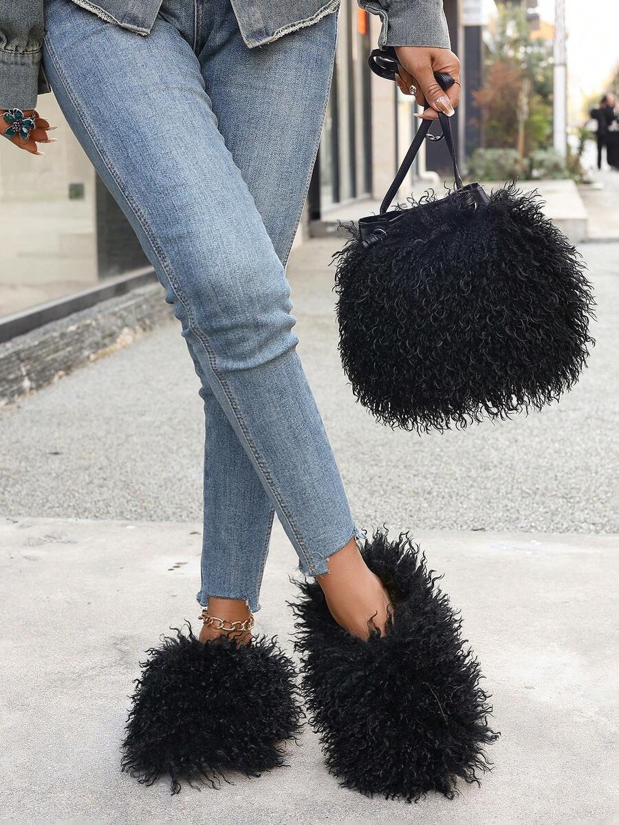 Women's Autumn/Winter Bohemian Cute Faux Fur Slip-On Slippers Combo Set