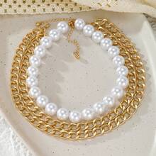 2pcs Set Multi-Layer Pearl & Metal Chain Necklace, Women Jewelry Set - Gold - View 3