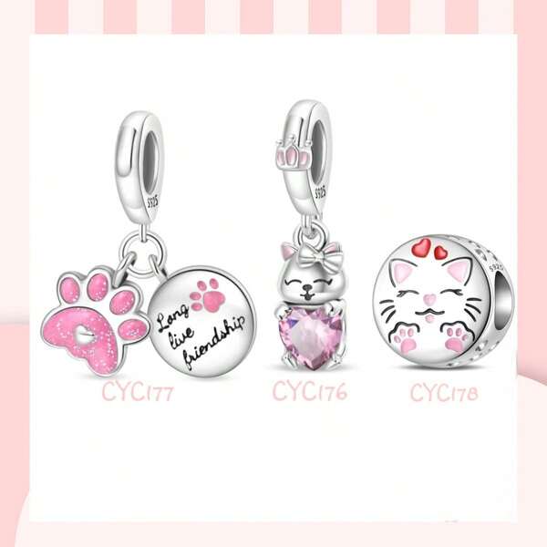 1Count 925 Sterling Silver DIY Cute Meow Shadow Pendant: The Heart-Warming Story Of Silver Beads, Meow Paw Prints, Friendship And Love: Silver Charms