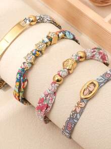 1pc Western Vintage Boho Style Minimalist Luxurious Elegant Charming Refined Titanium Steel Engraved Heart Star Beaded Multi-Element Colorful Scarf Fabric Adjustable Gold Bracelet Jewelry, Suitable For Women Everyday, Casual, Party, Vacation, Gift For Family, Mother, Wife, Girlfriend, Christmas, New Year - Multicolor - View 2