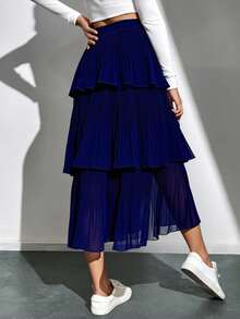 falda larga de olanes  Liso    Casual  Elegante    Bajo con volante  Capas relajadas  Volante    Boda - Azul lavado oscuro - Ver 2